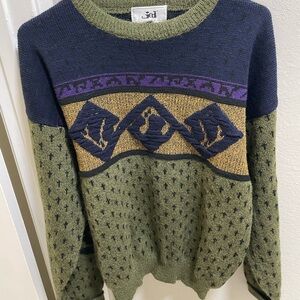 Vintage Jed Sweater Men's Small Green Geometric Wool Knit Pullover Warm 90s